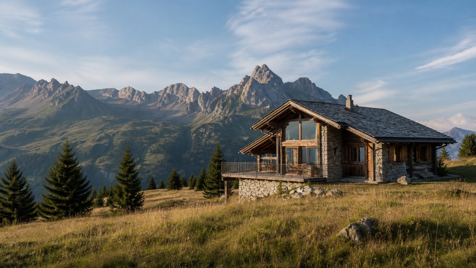 Chalet aus Naturstein und Holz auf einer Almwiese in den Bergen